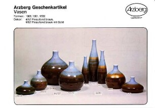 Produktblatt "Arzberg Geschenkartikel / Vasen / Formen: 1300, 1301, 1302" mit Dekor "Pinselfond braun" und "Pinselfond braun mit Gold"