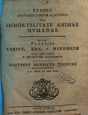 Examen argumentorum Platonis pro immortalitate animae humanae