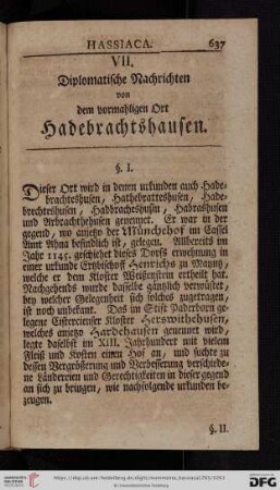VII. Diplomatische Nachrichten von dem vormahligen Ort Hadebrachtshausen