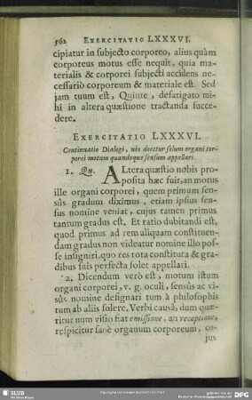Exercitatio LXXXVI. Continuatio Dialogi, ubi docetur solum organi corporei motum quandoque sensum appellari