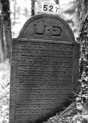 Grabstein 527 (Index: 99802718) Material: Sandstein Zustand: seitl. eingesunken, Textverlust Maße HxBxT: 99x65x10 cm Beschreibung: Stele mit Karniesbogen und profiliertem Rand, Giebelfeld Besonderheit: längerer Text: Grabstein 527