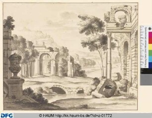 Klassische Landschaft mit antiken Ruinen, im Vordergrund ein Fluss