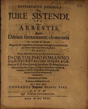Dissertatio Iuridica De Iure Sistendi, Seu De Arrestis