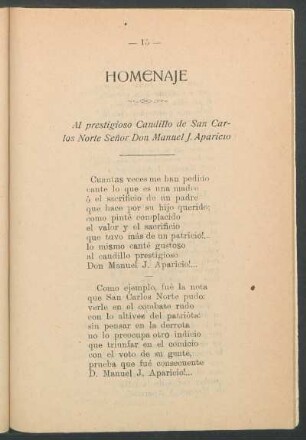 Homenaje : Al prestigioso Caudillo de San Carlos Norte Señor Don Manuel J. Aparicio