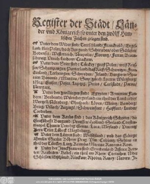 Register der Städt/ Länder und Königreich/ so unter den zwölff Himlischen Zeichen gelegen sind.
