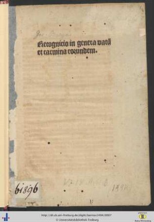Recognicio in genera vatu[m] || et carmina eorundem.||