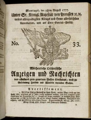 No. 33. Montags, den 18ten August 1777.
