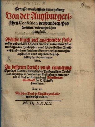 Gewisse warhafftige newe Zeitung von der Augspurgerischen Confession verwandten Predicanten new angerichter Ainigkeit