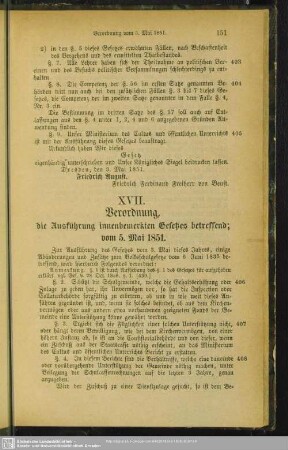 XVII. Verordnung, die Ausführung innenbemerkten Gesetzes betreffend; vom 5. Mai 1851