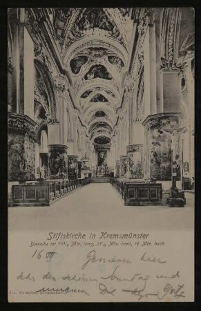 Ansichtskarte von Hofmannsthal an seinen Vater mit Ansicht des Innenraums der Stiftskirche in Kremsmünster