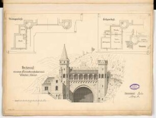 Tunneleinfahrt Monatskonkurrenz Februar 1896: Variante A: Grundriss Erdgeschoss und Obergeschoss des Wärterhauses, Aufriss Vorderansicht 1:100; Maßstabsleiste
