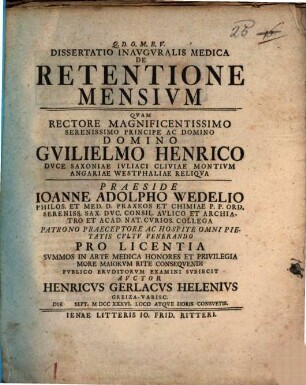 Dissertatio Inavgvralis Medica De Retentione Mensivm