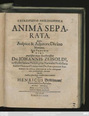 Exercitatio Philosophica De Anima Separata