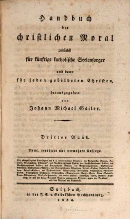 Johann Michael Sailer's sämmtliche Werke, 15. Theologische Schriften: Handbuch der christlichen Moral ; 3