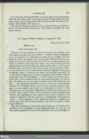 August Wilhelm von Schlegel an Auguste Louis de Staël-Holstein, Bonn, 09.01.1824