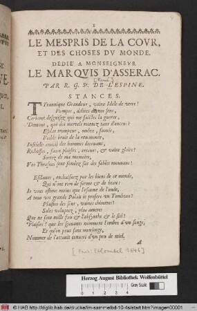 Le Mespris De La Covr, Et Des Choses Dv Monde : Dedié A Monseignevr Le Marqvis D'Asserac