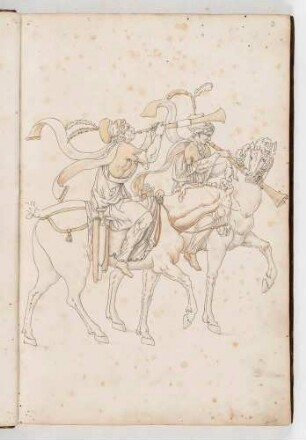 Schalmeienspieler auf trabenden Pferden, in: Equestrium statuarum [...] formae [...] artificiosissime pictis, Bl. 3