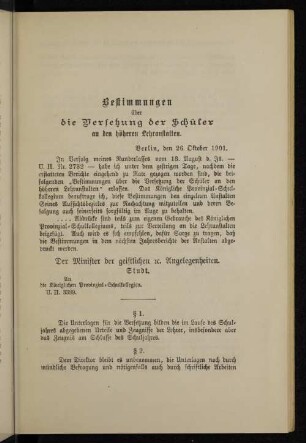 Bestimmungen über die Versetzung der Schüler an den höheren Lehranstalten.