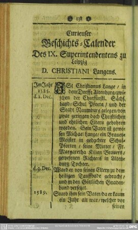 Curieuser Geschichts-Calender Des IX. Superintendentens zu Leipzig D. Christiani Langens