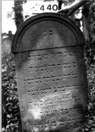 Grabstein 440 (Index: 99803717) Material: Sandstein Zustand: verwittert/eingesunken Maße HxBxT: 110x60x10 cm Beschreibung: Stele mit verdachtem Rundbogen und Giebelfeld: Grabstein 440