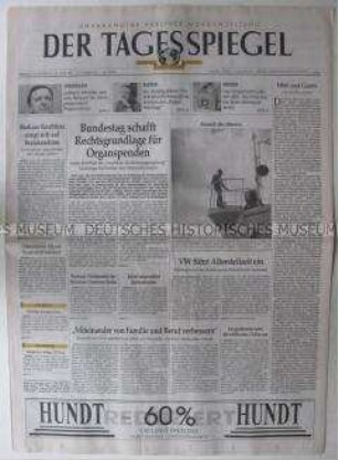Tageszeitung "Der Tagesspiegel" mit Titelstory über Organspenden