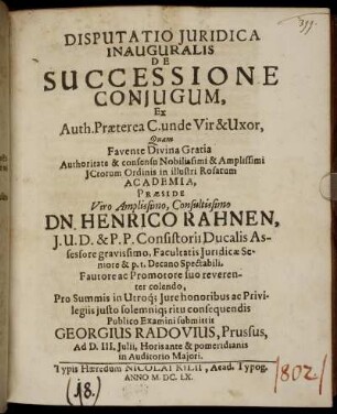 Disputatio Iuridica Inauguralis De Successione Coniugum, Ex Auth. Praeterea C. unde Vir & Uxor