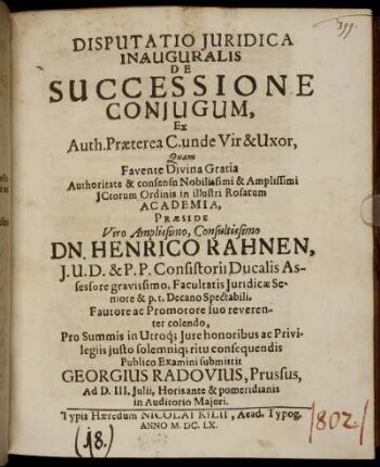 Disputatio Iuridica Inauguralis De Successione Coniugum, Ex Auth. Praeterea C. unde Vir & Uxor
