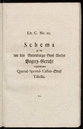 Lit. C. No. 10. Schema zu der von dem Marienburger-Groß-Werder Vogtey-Gericht einzusendenden Quartal-Sportul-Cassen-Straf-Tabelle