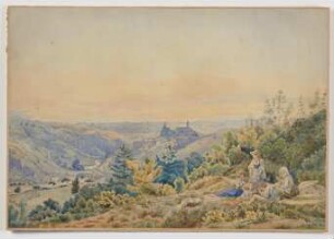 Bergige Landschaft mit Burg und Fluß, vorne rechts rastende Familie