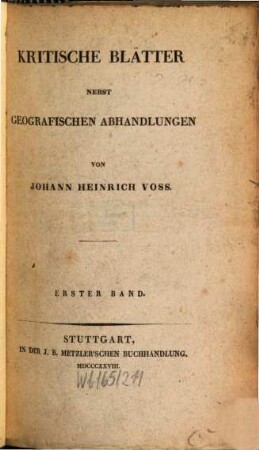 Kritische Blätter : nebst geografischen Abhandlungen, 1