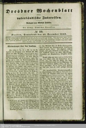 No. 19. Dresden, Sonnabend den 21. December 1839