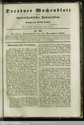 No. 19. Dresden, Sonnabend den 21. December 1839