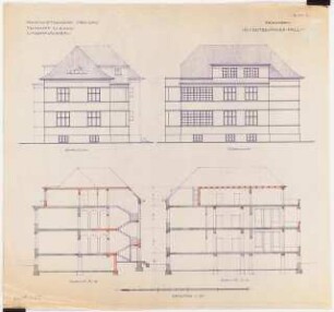 Umbau eines Landhauses Monatskonkurrenz Februar 1933: Aufriss Ostansicht, Südansicht, Längsschnitt, Querschnitt 1:100; Maßstabsleiste