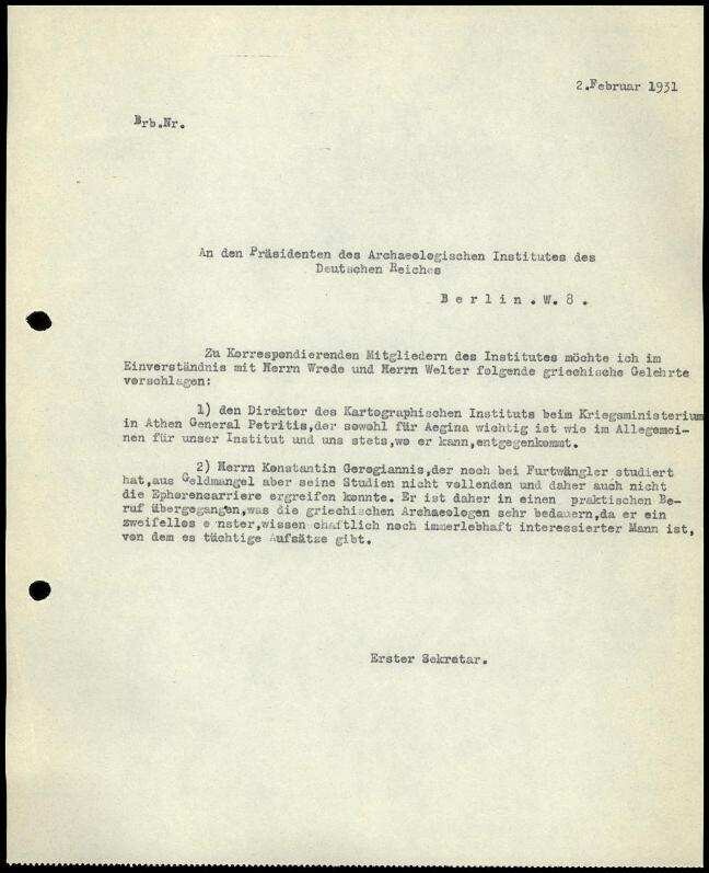 G. Karo an G. Rodenwaldt | Digitalisierung: Deutsches Archäologisches Institut, Athen, Archiv