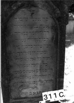 Grabstein 311 (Index: 100085234) Maße HxBxT: 196x88x44 cm Beschreibung: ädikulaart. St. m. Pfeilern, giebelart. Abschl. m. Verdach. , Schriftfeld eingetieft: Grabstein 311C