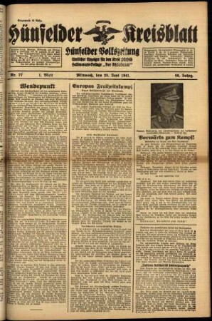 Erste Ausgabe vom Mittwoch, den 25. Juni 1941.