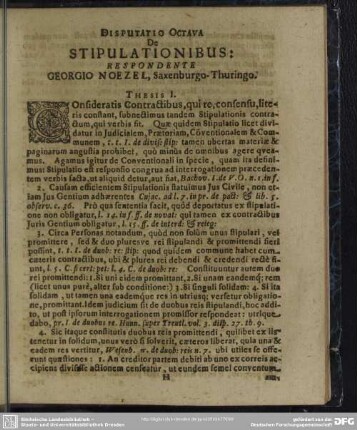 Disputatio Octava De Stipulationibus: Respondente Georgio Noezel, Saxenburgo-Thuringo