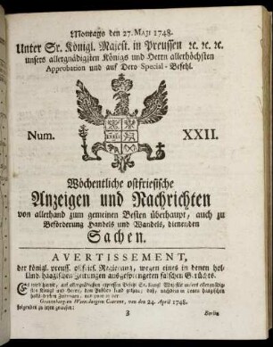 Num. XXII. Montags den 27. Maji 1748.