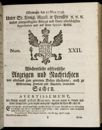 Num. XXII. Montags den 27. Maji 1748.