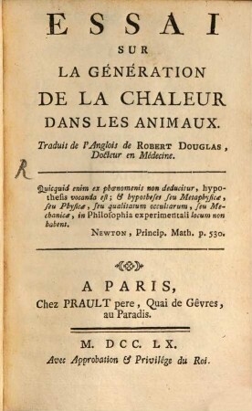 Essai sur la generation de la Chaleur dans les animaux