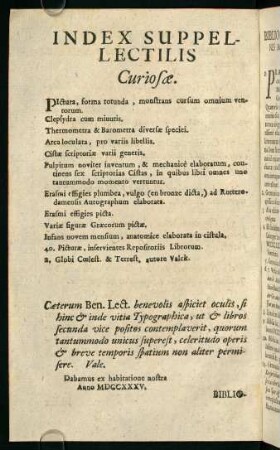 Index Suppellectilis Curiosae.