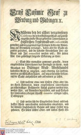 Verordnung betreffend die Berechtigungen der zum Büdinger Wald eingeforsteten Untertanen zu Hitzkirchen und Leisenwald nach Maßgabe des Büdinger Wald-Weistums (Druck, mit Auszug aus dem Büdinger Wald-Weistum von 1424)