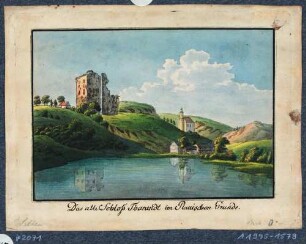 Tharandt, Blick über den Schlossteich auf die Burgruine und die Berg- und Stadtkirche