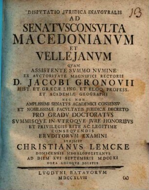 Diss. iur. inaug. ad senatus consulta Macedonianum et Velleianum