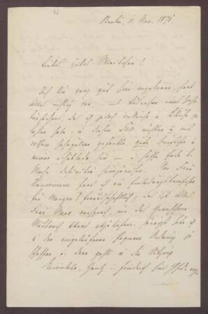 Schreiben von Moritz Ellstätter, Berlin, an seine Frau Marie: - Privates - Einladung von Hansemanns - Reichstagsdebatte zur "Münzfrage" - Kontakte zu [August] Eisenlohr u. a.