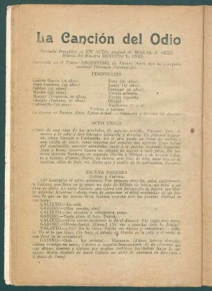 La Canción del Odio : Zarzuela dramática en un acto, original de Miguel F. Osés, música del Maestro Ernesto L. Osés