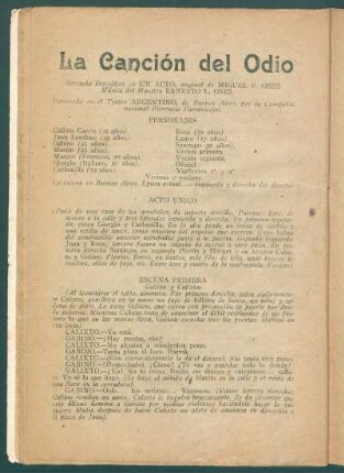La Canción del Odio : Zarzuela dramática en un acto, original de Miguel F. Osés, música del Maestro Ernesto L. Osés
