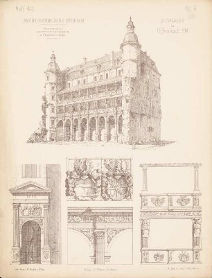 Schloss Isenburg, Offenbach: Perspektivische Ansicht, Details (aus: Architekton. Studien, hrsg. v. Architektenverein am Königl. Polytechnikum Stuttgart, H. 42, 1877)