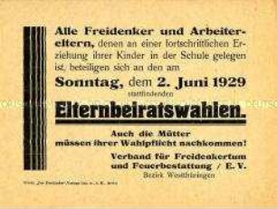 Einladung des Verbandes der Freidenker zu den Elternbeiratswahlen am 2.6.1929