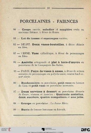 Porcelaines – Faiences (Nr. 80-89)